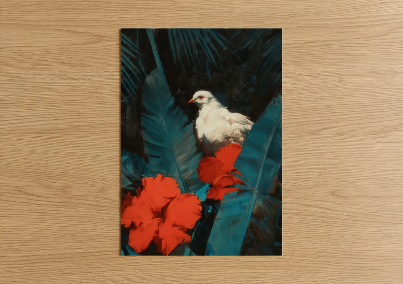 Art print on warm oak wood — teal and red palette — Tropical Dove poster