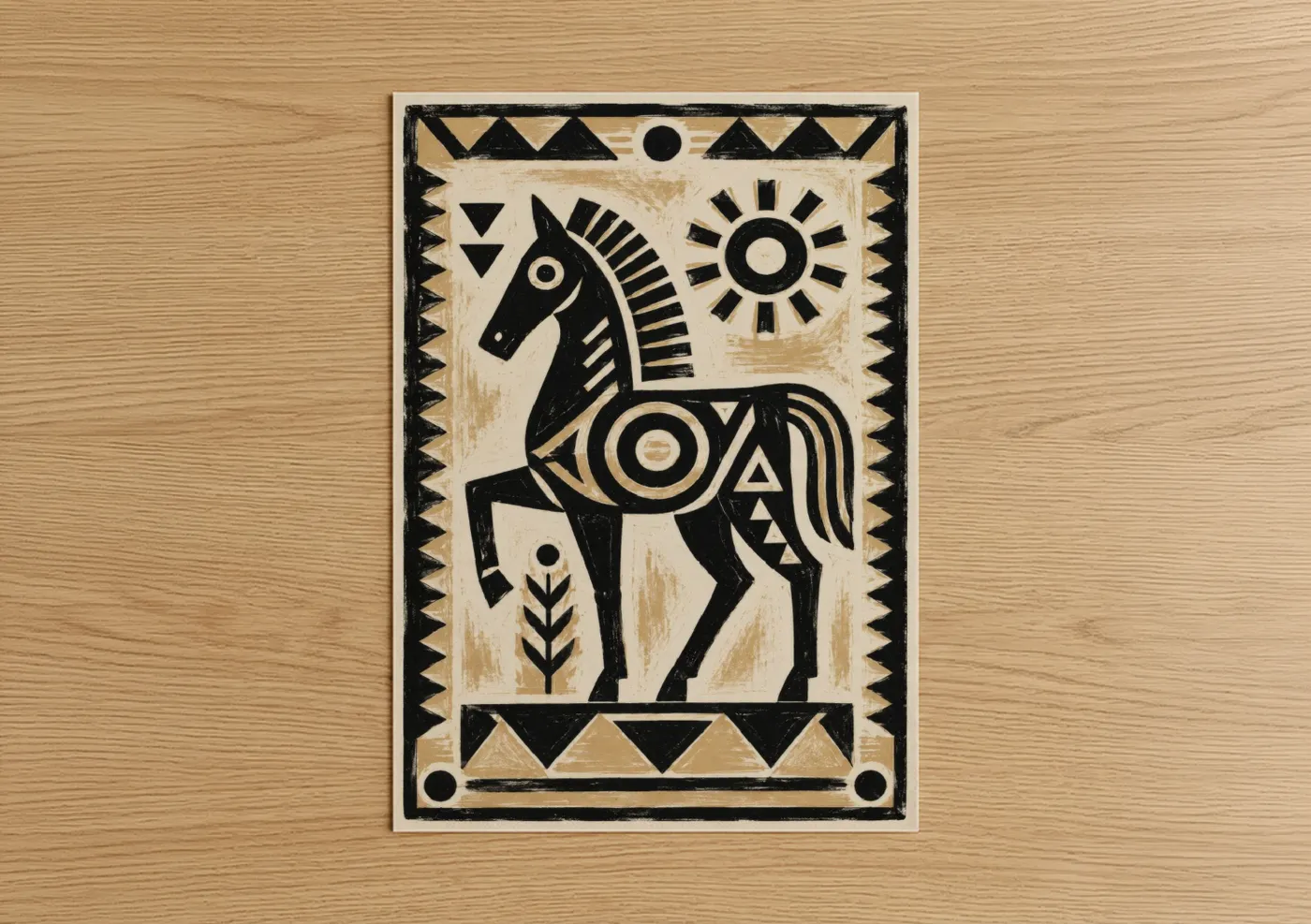 Art print on warm oak wood — black and white and beige palette — Geometric Horse With Sun Wall Art poster