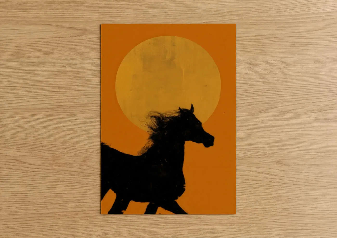 Arabian horse art print on warm oak wood — orange and black palette — Golden Hour Arabian poster