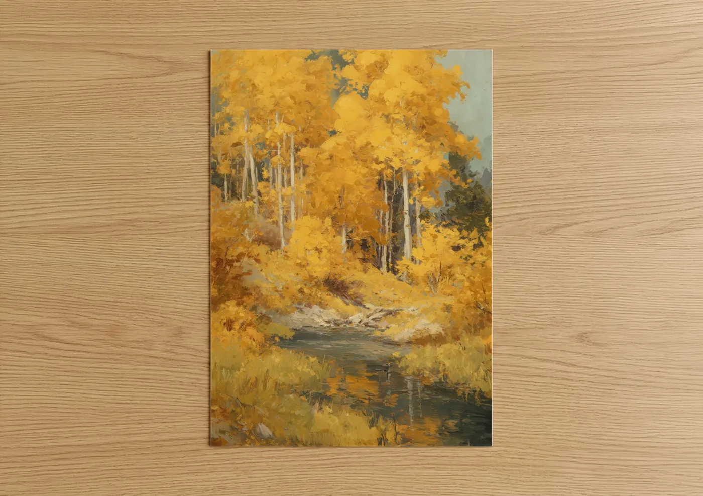 Aspen forest art print on warm oak wood — gold and yellow gold palette — Golden Aspen Stream poster