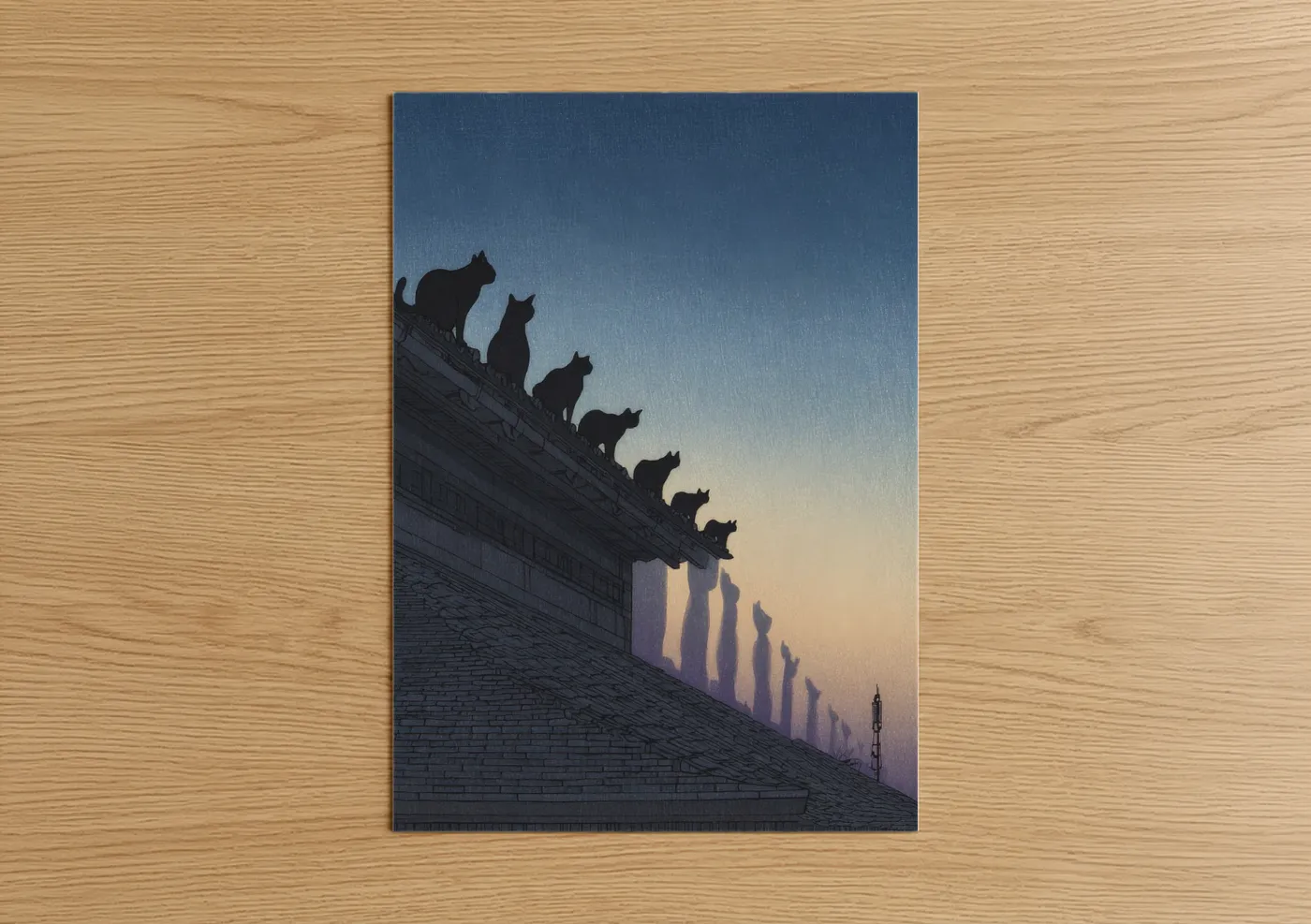 Cats on Roof at Dusk Silhouette Wall Art