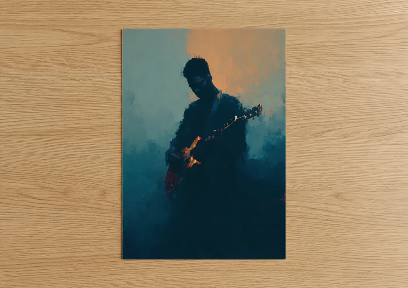 Musician art print on warm oak wood — blue and gold palette — Silhouette Guitarist poster