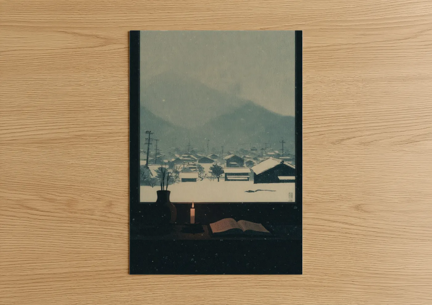 Art print on warm oak wood — cream and dove gray palette — Winter Reading Moment poster
