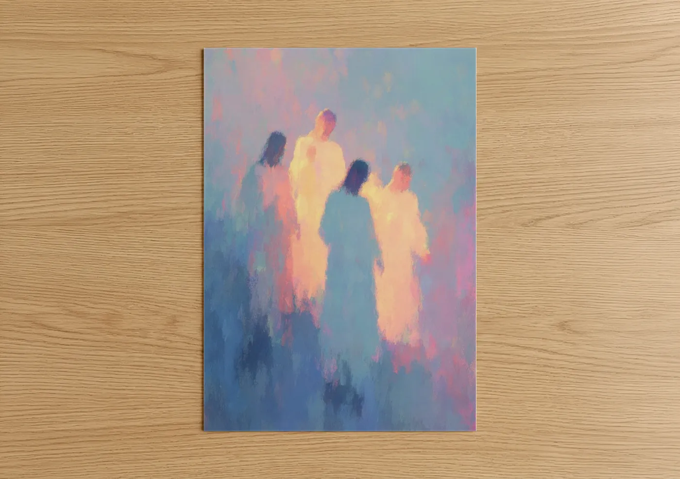 All saints day art print on warm oak wood — blue and gold and blue palette — Heavenly Spirits poster