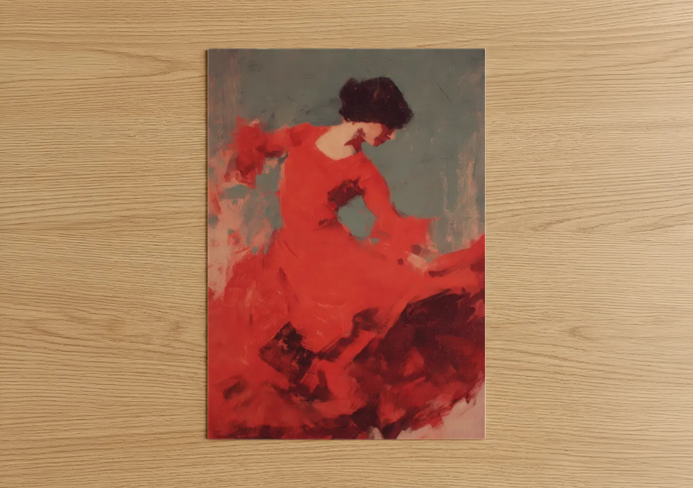 Art print on warm oak wood — red and maroon palette — Crimson Flamenco poster
