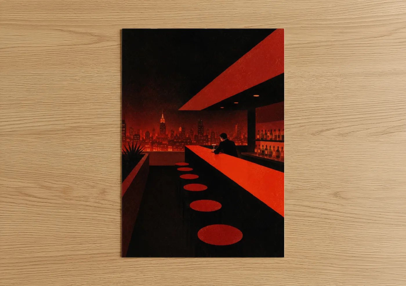 Skyscraper art print on warm oak wood — red and black palette — Retro Cityscape Bar Scene Wall Art poster