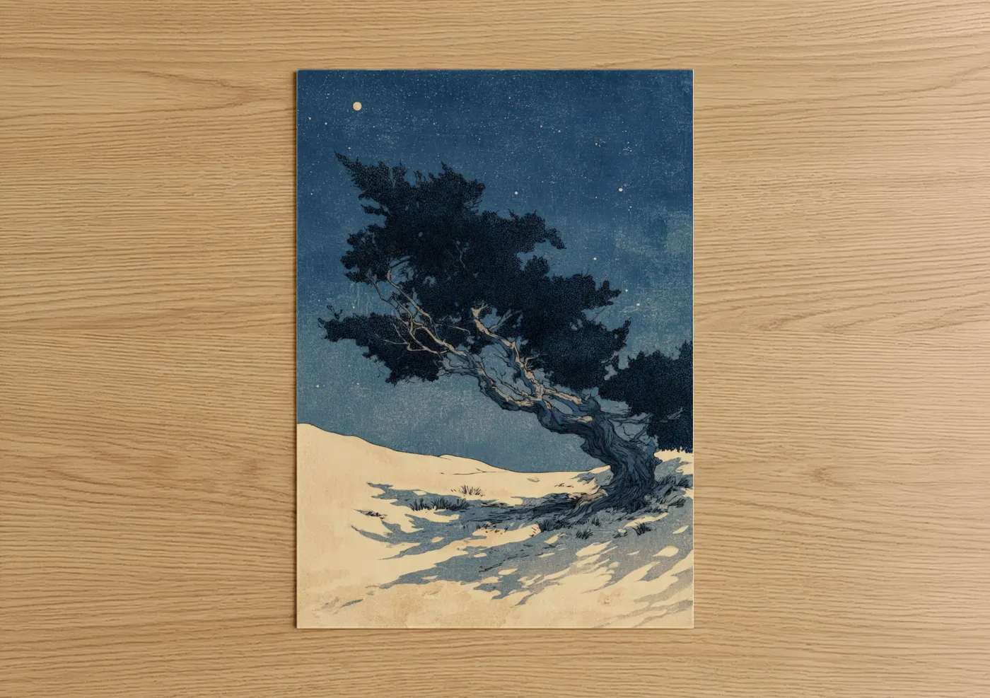 Savanna and desert trees art print on warm oak wood — dark blue and cream palette — Starlit Desert Tree poster