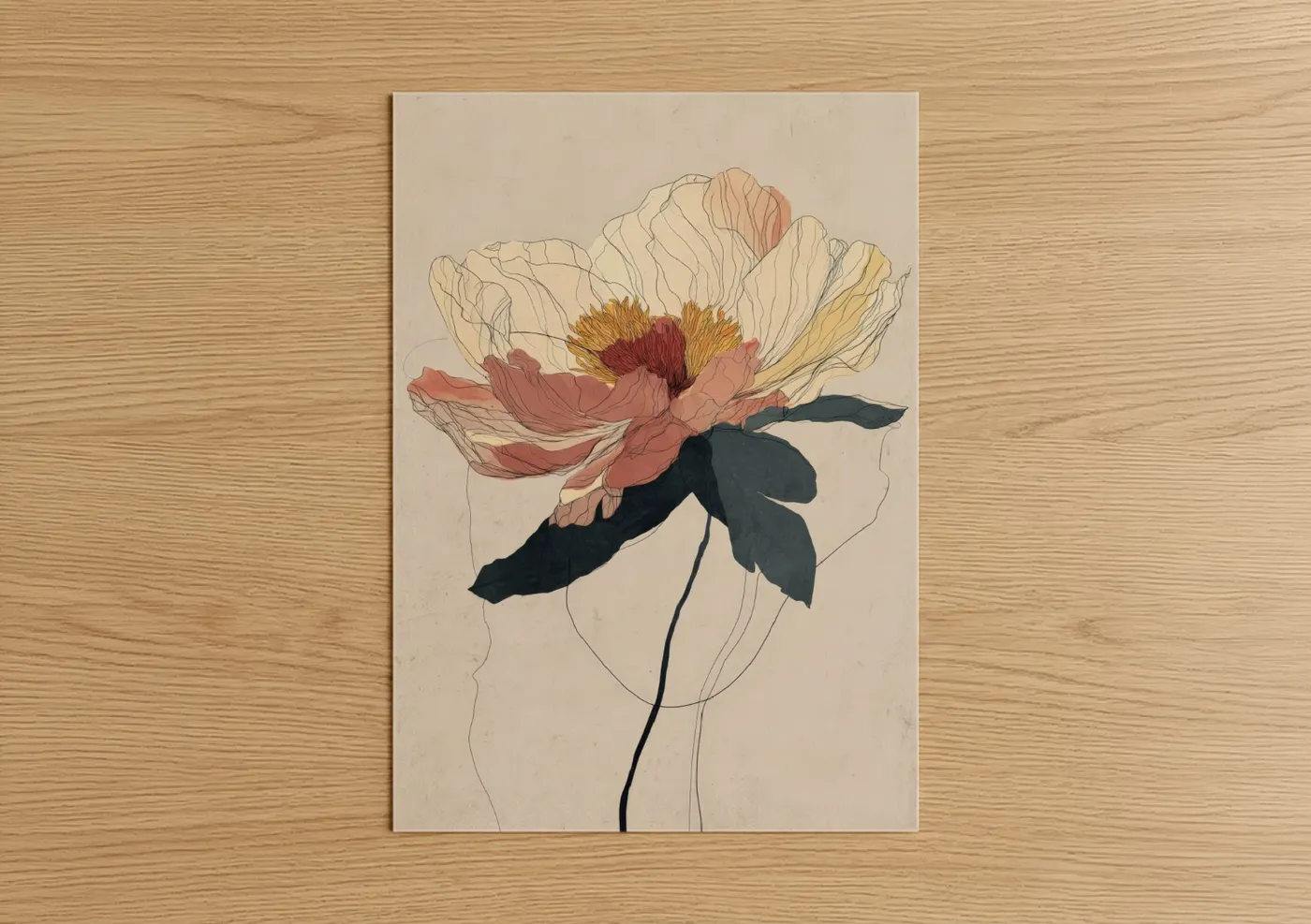 Crimson Peony Bloom Line Art Illustration Wall Art