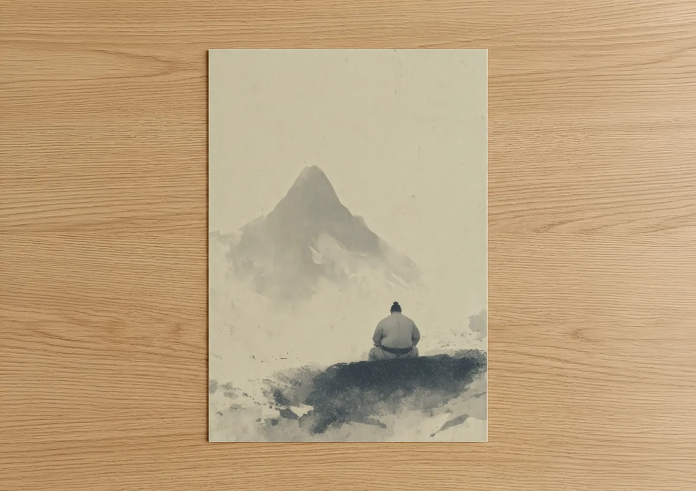 Art print on warm oak wood — black and white and dove gray palette — Misty Contemplation Sumo poster