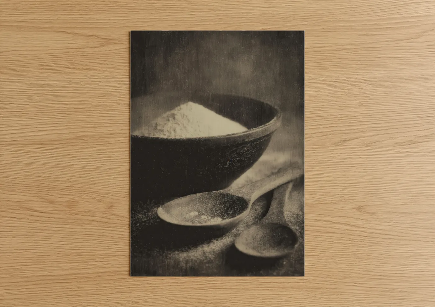 Art print on warm oak wood — black and white and cream palette — Artisan Baking Essentials poster