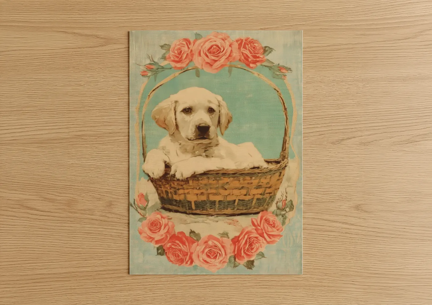 Cream Retriever Puppy Floral Basket Wall Art
