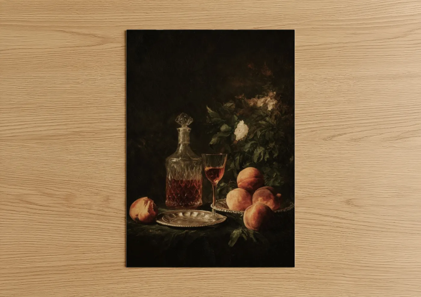 Rose wine art print on warm oak wood — gold and black palette — Peach Wine Still Life poster