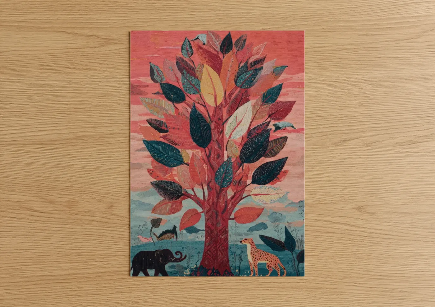 Art print on warm oak wood — red and teal palette — Crimson Banyan Tree poster