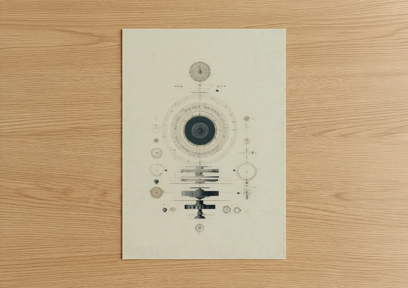 Art print on warm oak wood — black and white and cream palette — Vintage Compass Blueprint poster