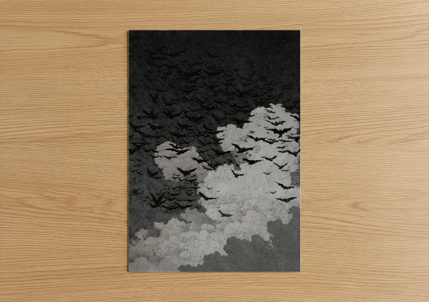 Halloween art print on warm oak wood — black and white and gray palette — Spooky Bat Flight poster