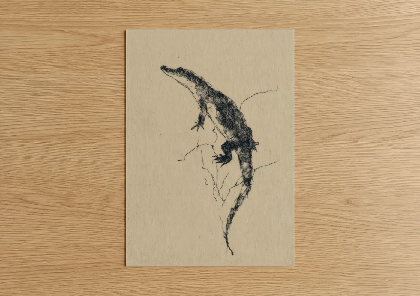 Art print on warm oak wood — black and white and beige palette — Climbing Alligator poster