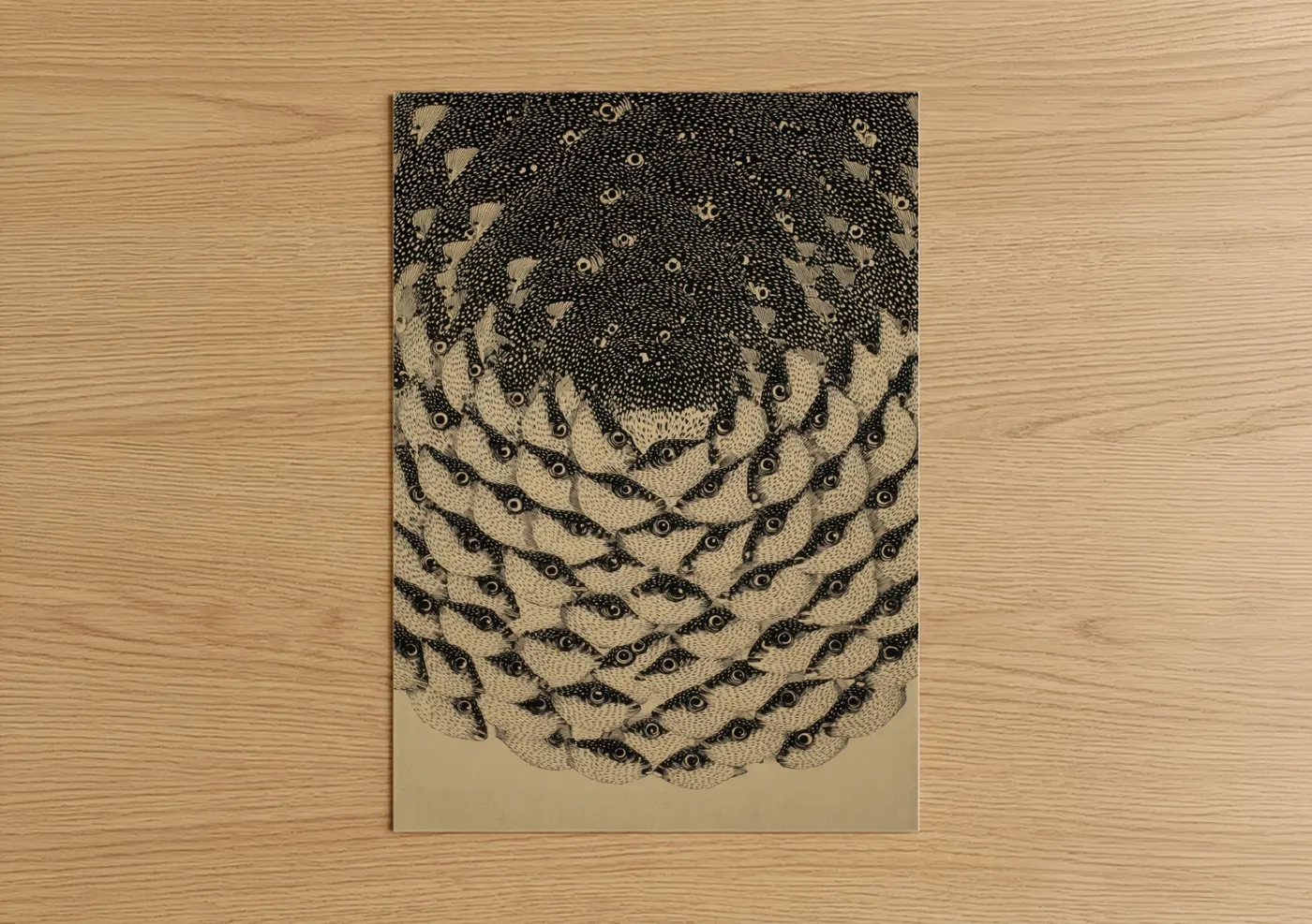 Art print on warm oak wood — cream and black palette — Spotted Puffer Fish poster