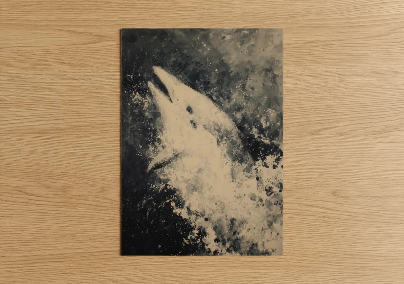 Dolphins art print on warm oak wood — cream and black and white palette — Ethereal Dolphin poster