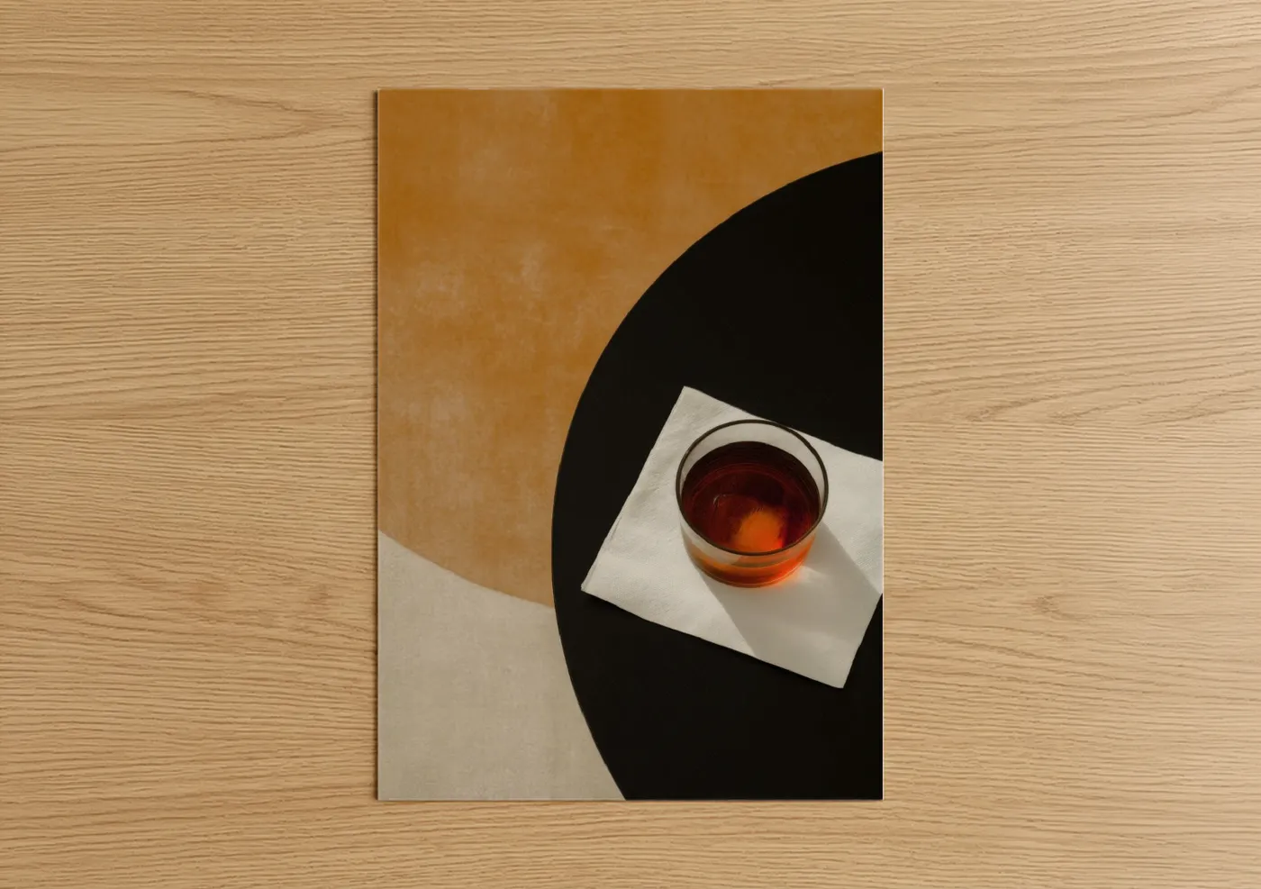 Iced tea art print on warm oak wood — black and gold and cream palette — Amber Tea Moment poster