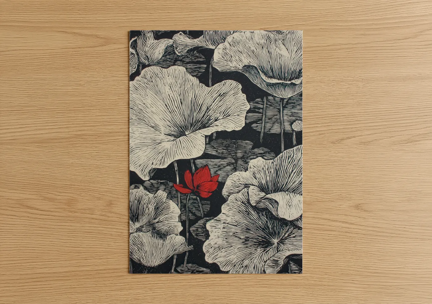 Art print on warm oak wood — black and white and red palette — Crimson Lotus Woodblock poster