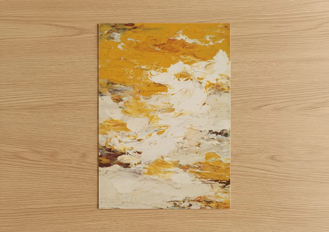 Art print on warm oak wood — gold and cream palette — Golden Cheese Abstract poster