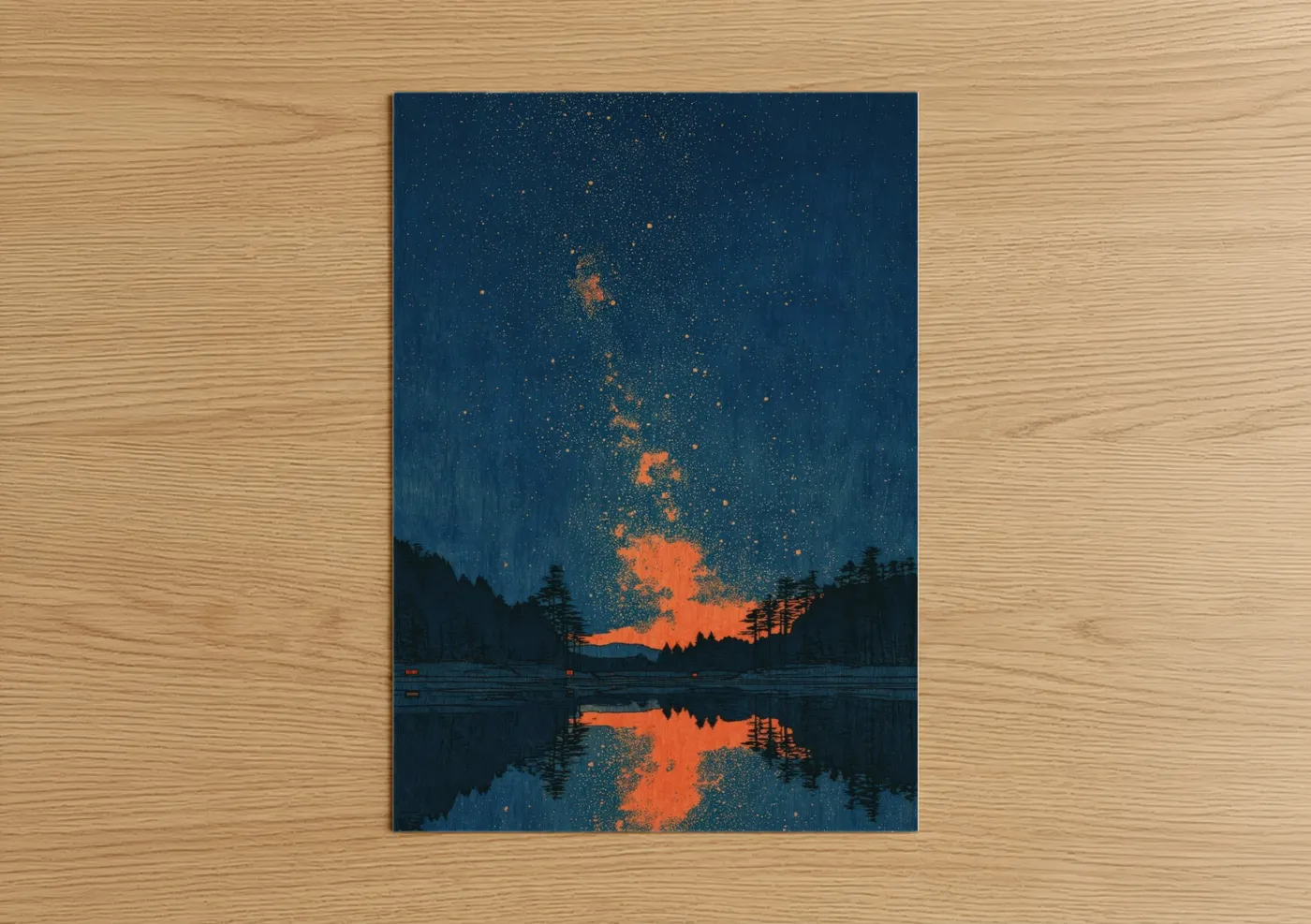 Milky way art print on warm oak wood — dark blue and gold palette — Cosmic Lakeside poster
