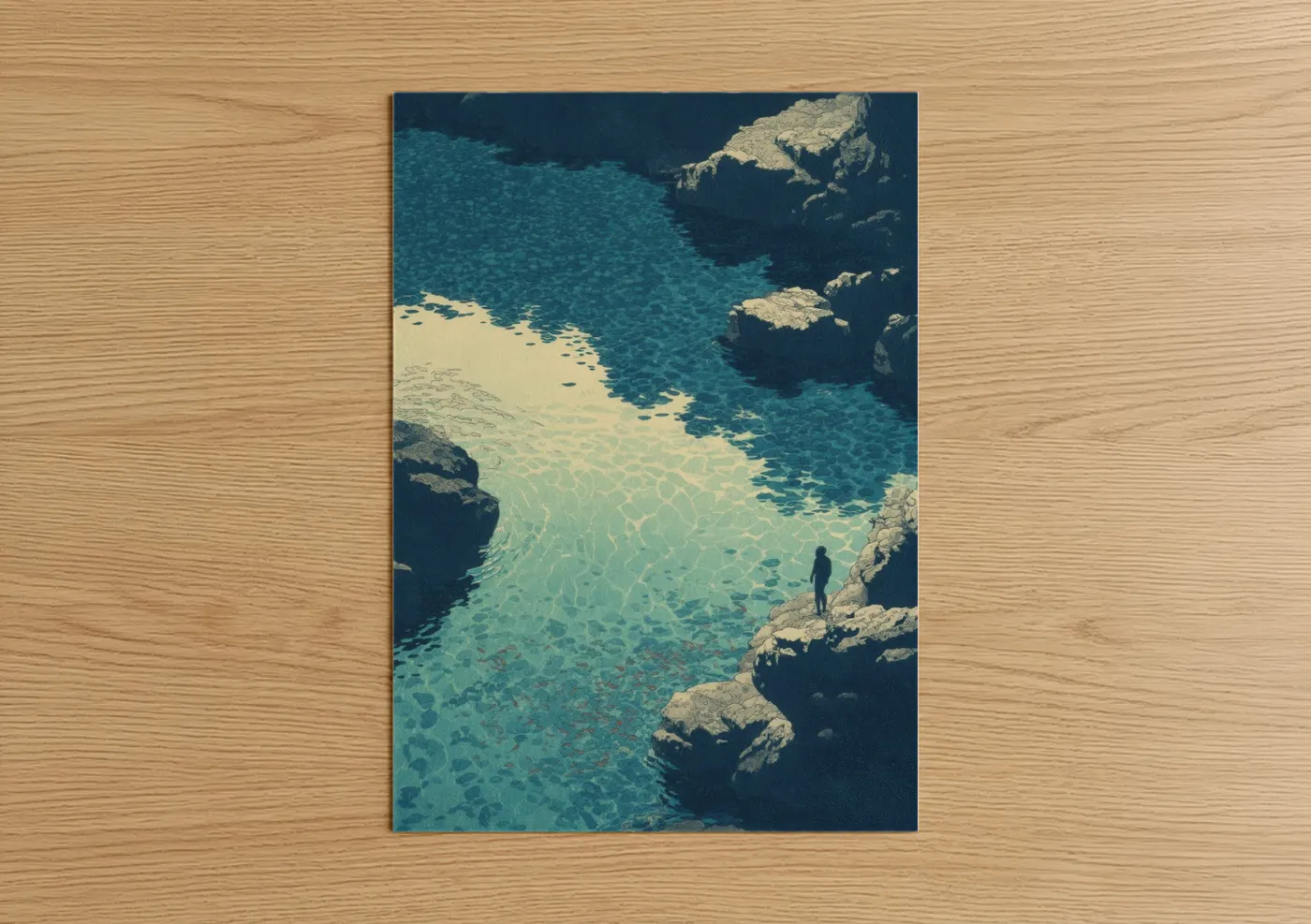 Snorkeling art print on warm oak wood — turquoise and cream palette — Turquoise Cove poster