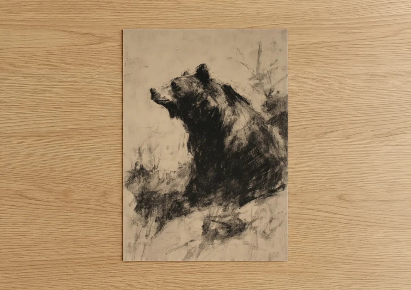 Grizzly bear art print on warm oak wood — black and white and cream palette — Wilderness Grizzly poster