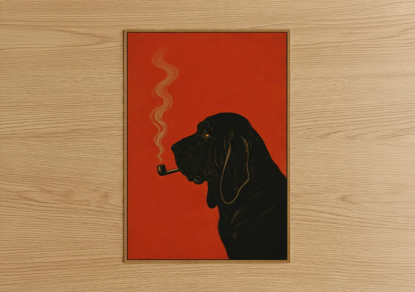 Dogs art print on warm oak wood — orange and black palette — Black Dog With Pipe Wall Art poster