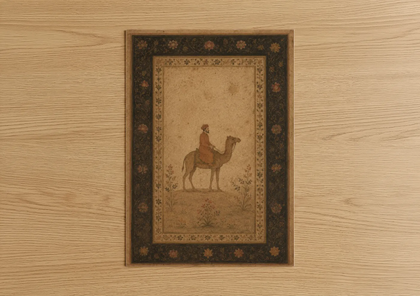 Art print on warm oak wood — beige and brown palette — Islamic Camel Rider Desert Wall Art poster