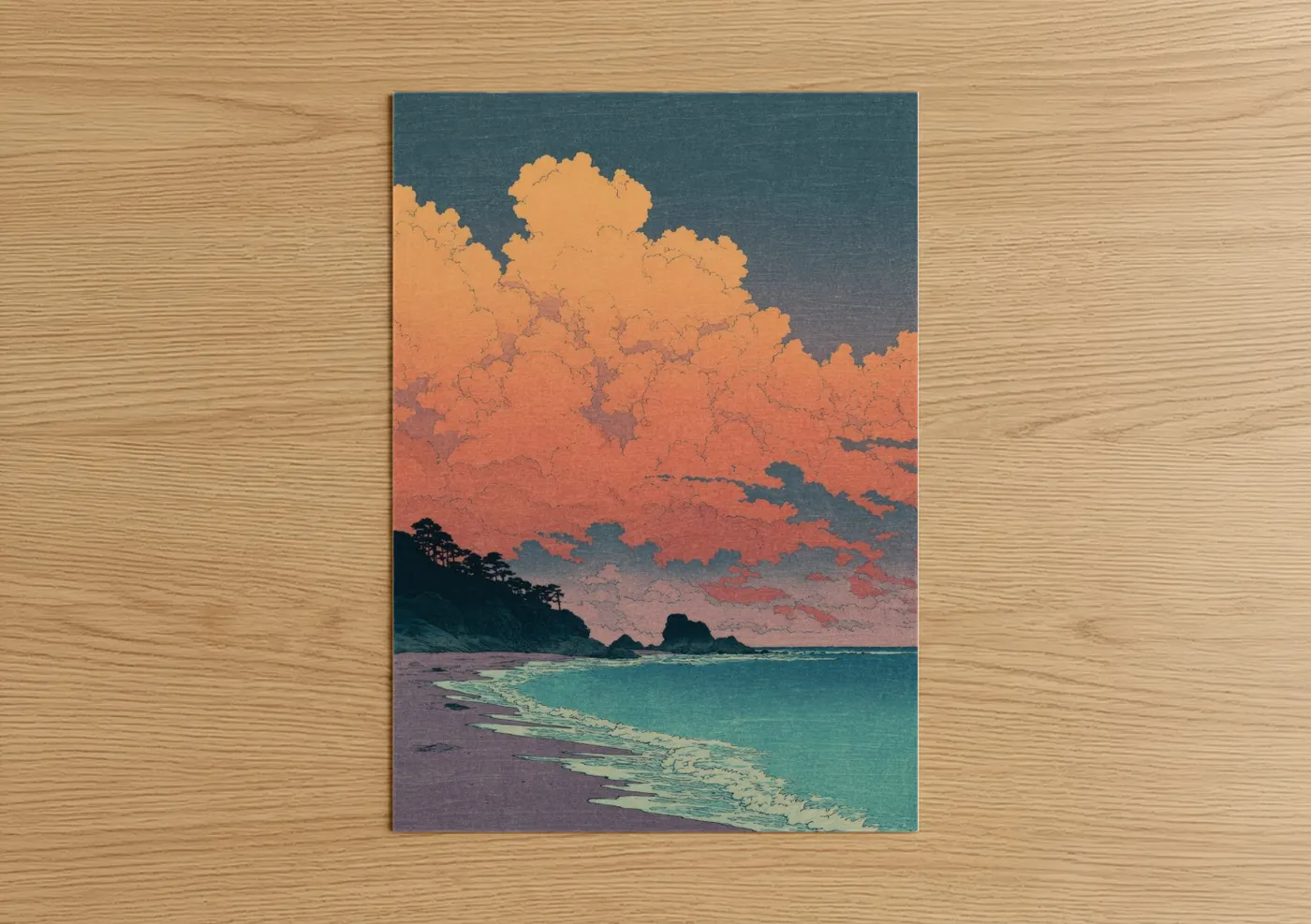 Beach sunrise and sunsets art print on warm oak wood — peach and teal palette — Tropical Sunset Shore poster