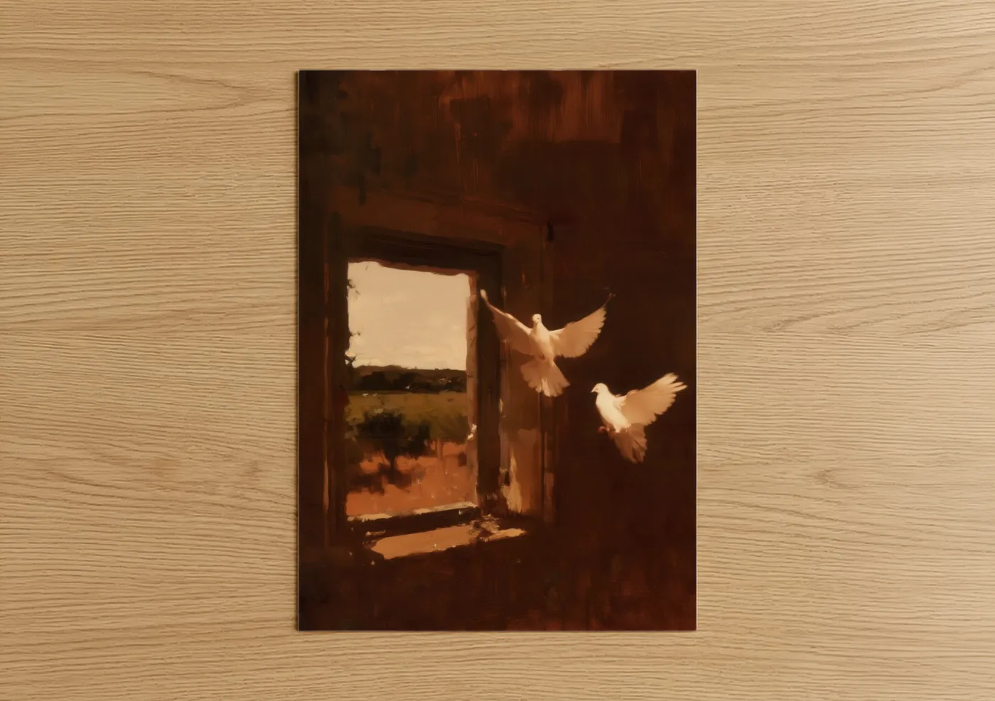 White Doves Flying Through Doorway Light Wall Art
