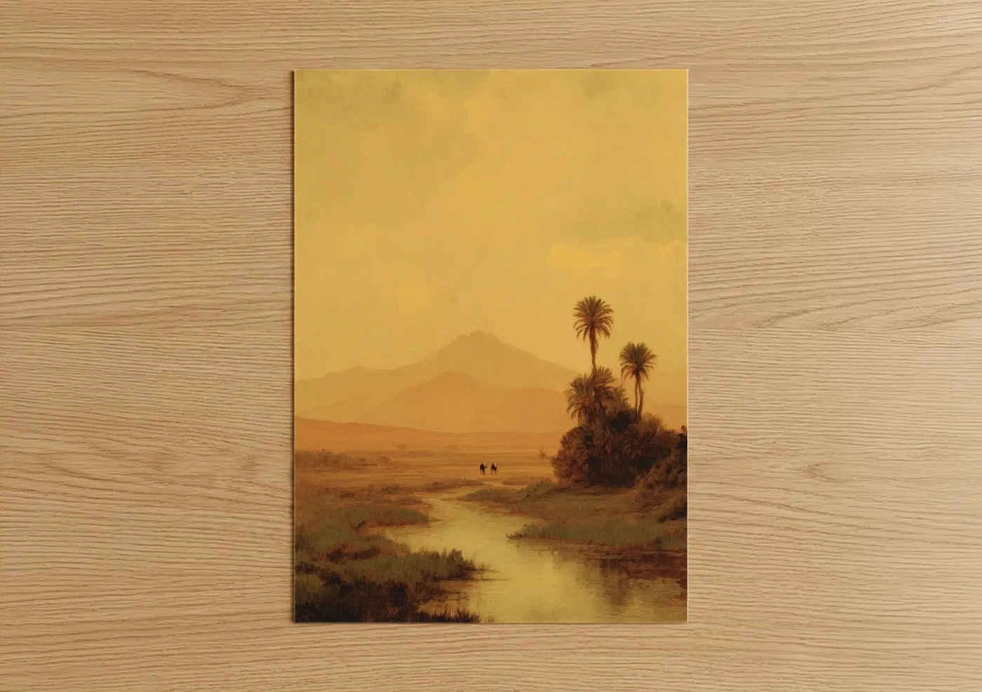 Art print on warm oak wood — yellow gold and russet palette — Golden Oasis poster