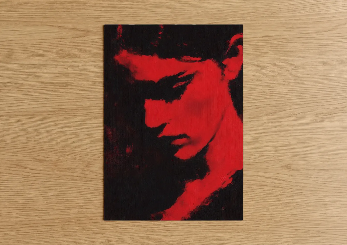 Art print on warm oak wood — red and black and red palette — Crimson Flamenco poster