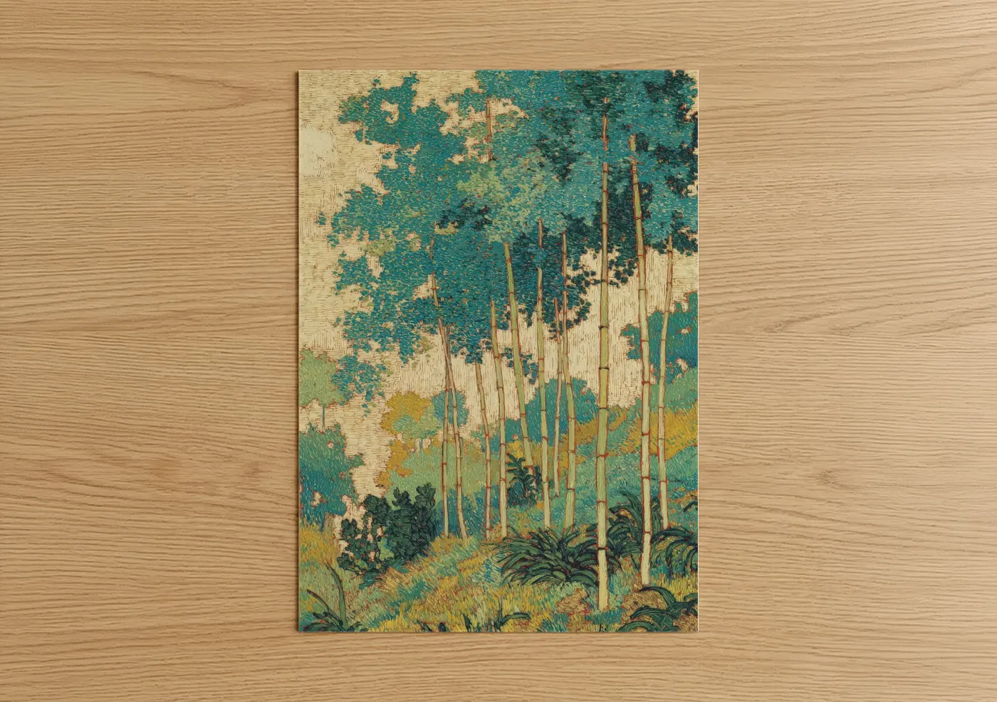 Art print on warm oak wood — teal and gold palette — Verdant Bamboo Grove poster