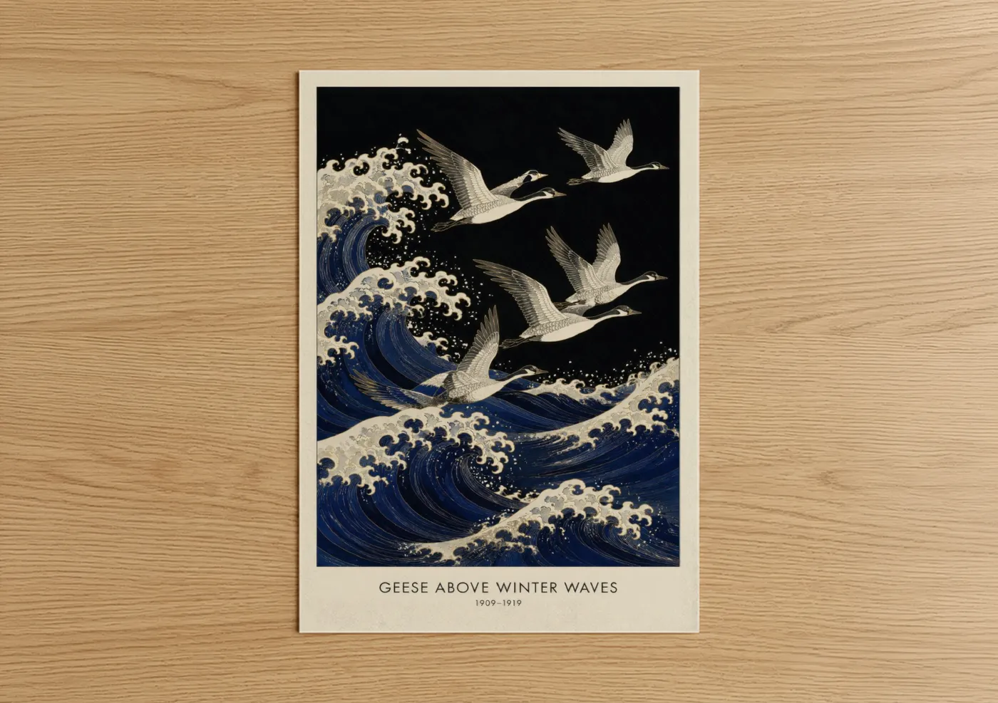 Art print on warm oak wood — blue and black and white palette — Geese Above Winter Waves Wall Art poster