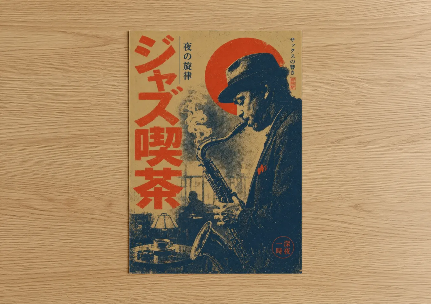 Art print on warm oak wood — red and beige palette — Vintage Jazz Saxophonist Wall Art poster