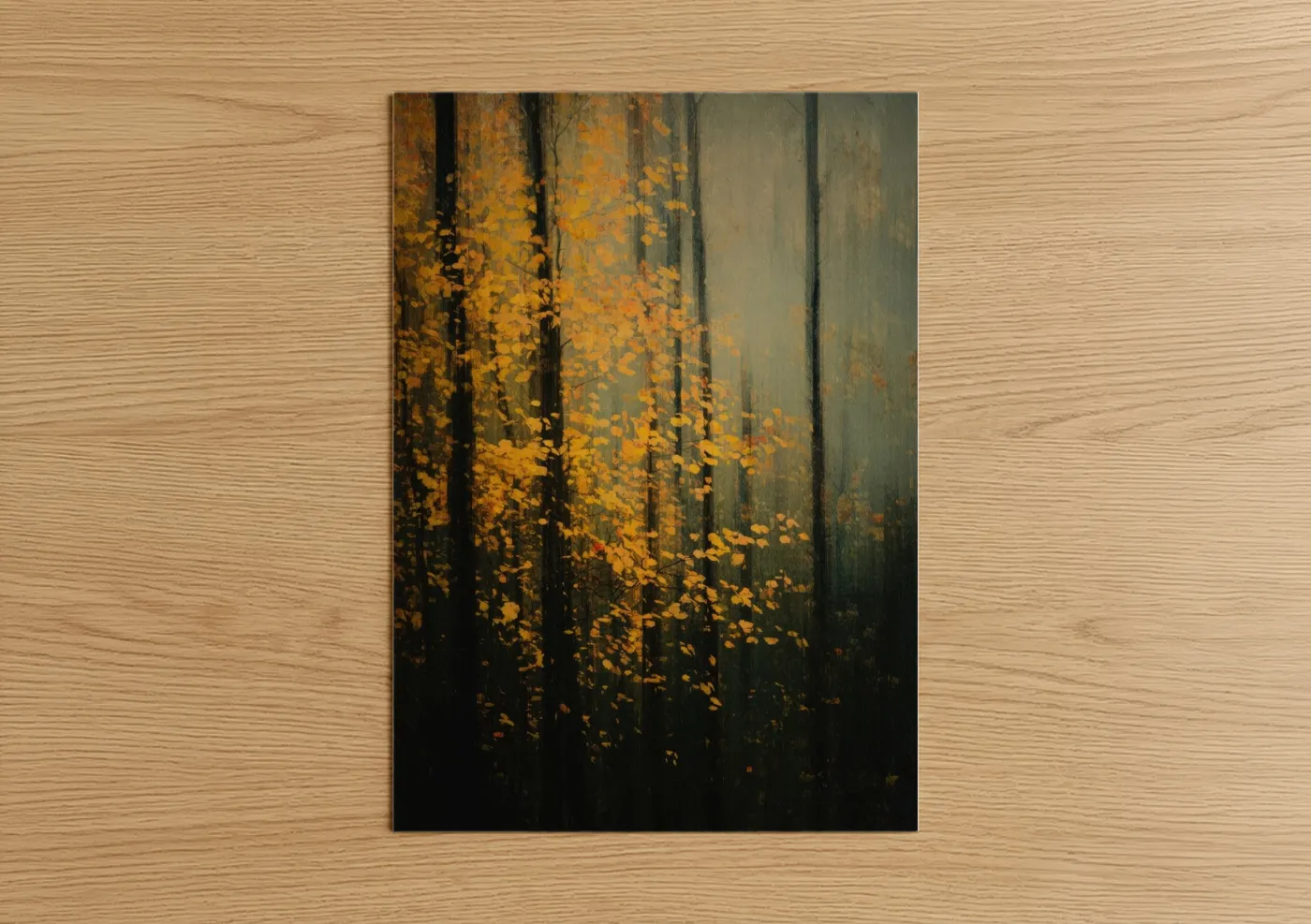 Art print on warm oak wood — gold and black palette — Golden Maple Forest poster