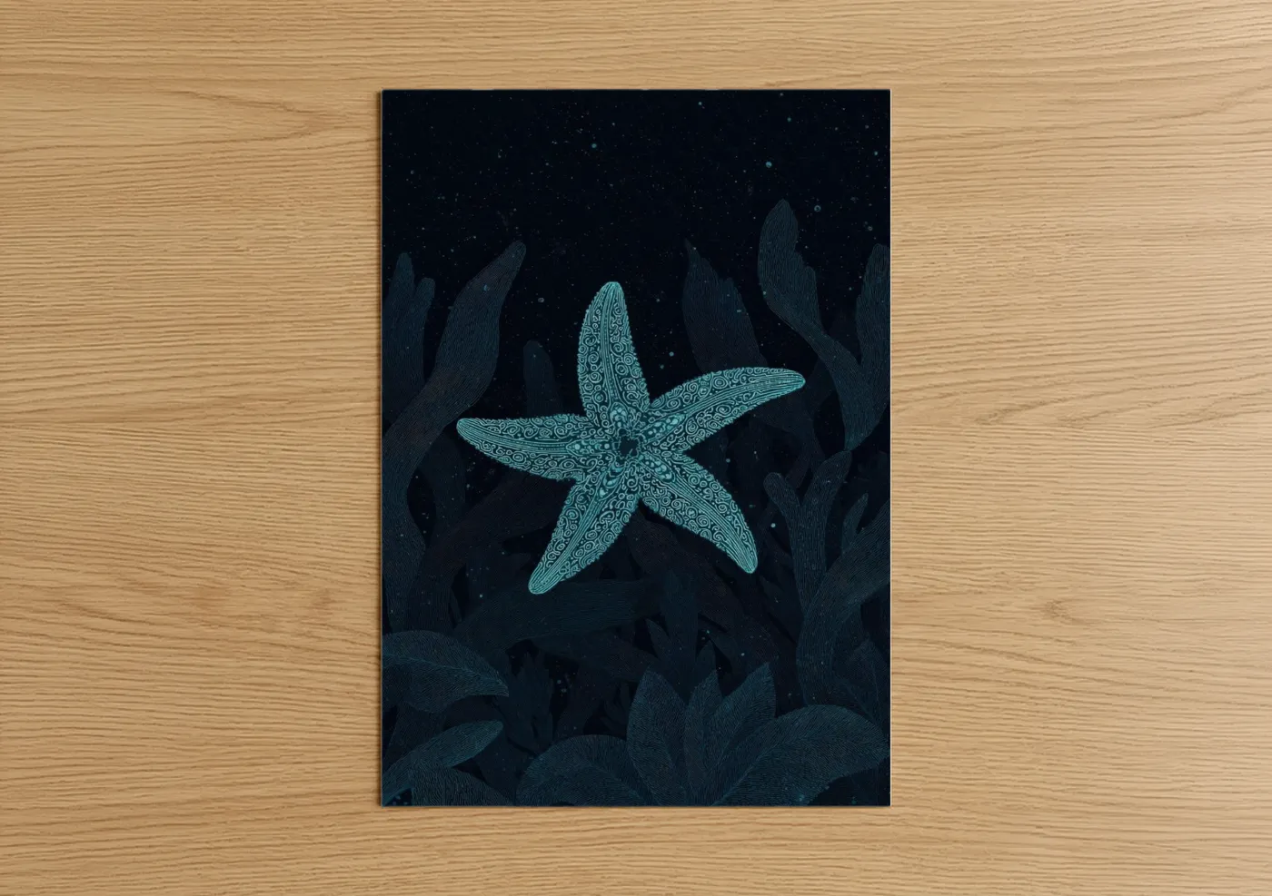 Art print on warm oak wood — dark blue and turquoise palette — Luminescent Starfish poster