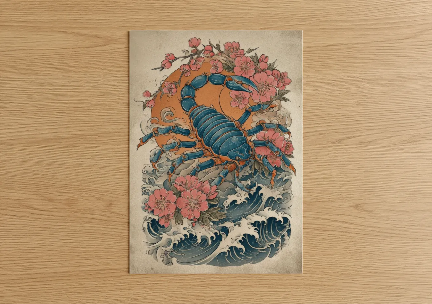 Scorpions art print on warm oak wood — blue and salmon pink palette — Scorpion Blossom poster