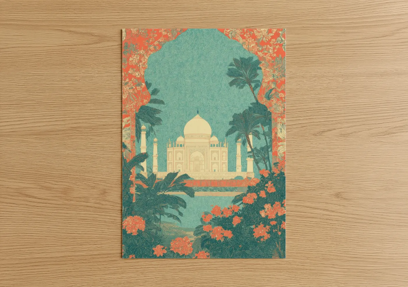 Art print on warm oak wood — turquoise and pumpkin palette — Taj Mahal Garden poster