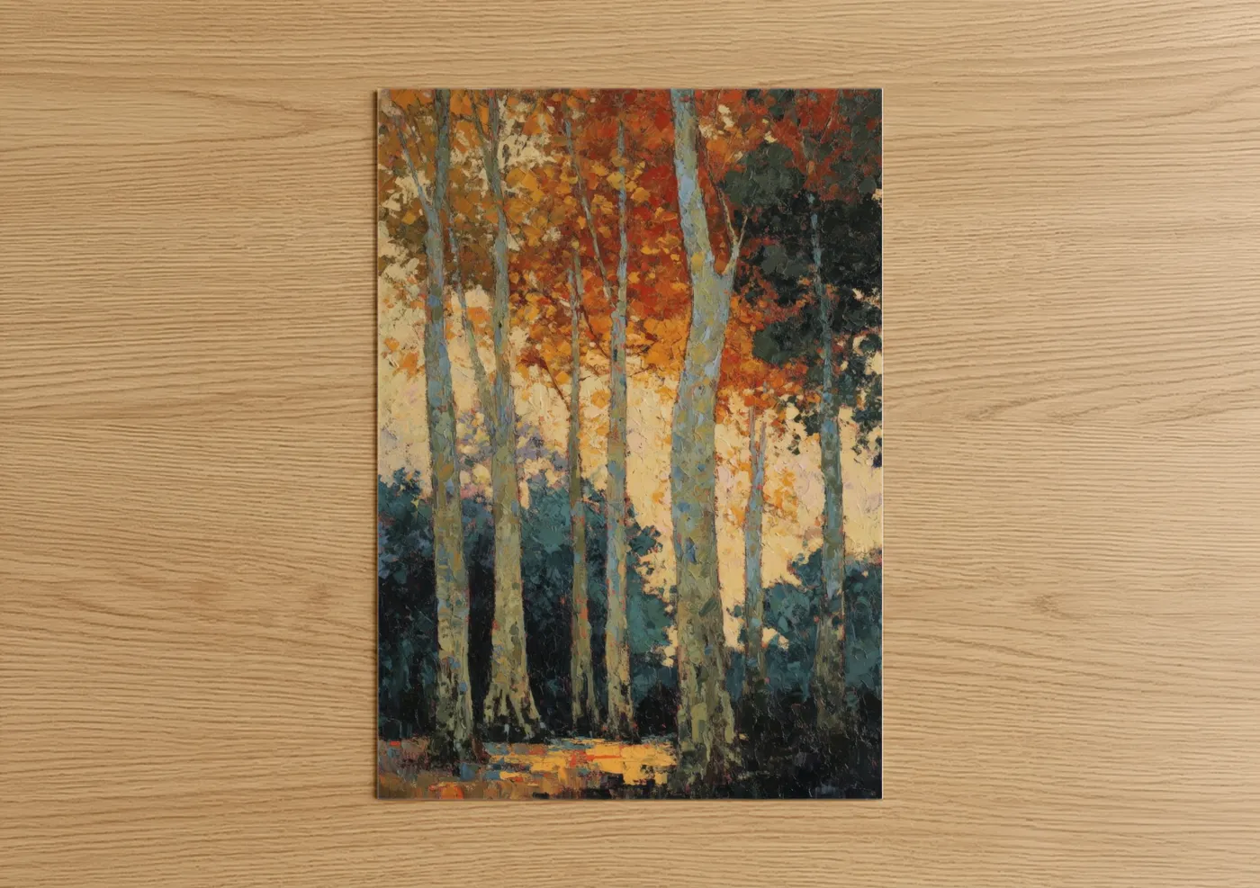Banyan tree art print on warm oak wood — gold and orange palette — Autumn Banyan Grove poster