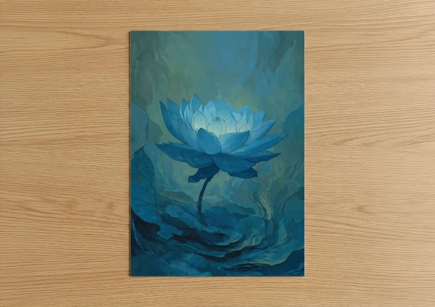 Art print on warm oak wood — blue and teal palette — Serene Lotus Blue poster