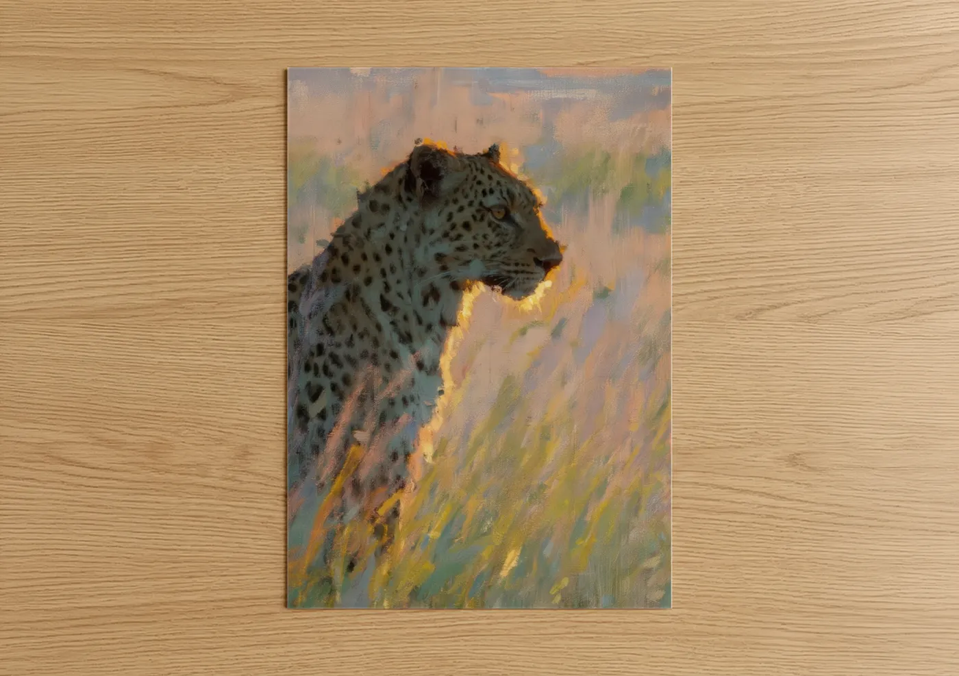 Art print on warm oak wood — gold and sage green palette — Golden Hour Leopard poster