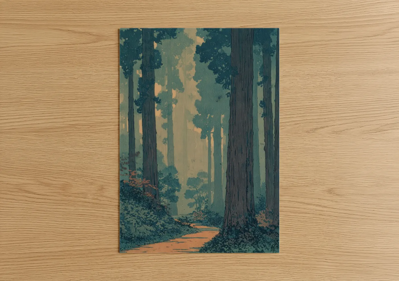 Redwood tree art print on warm oak wood — teal and gold palette — Misty Redwood Path poster