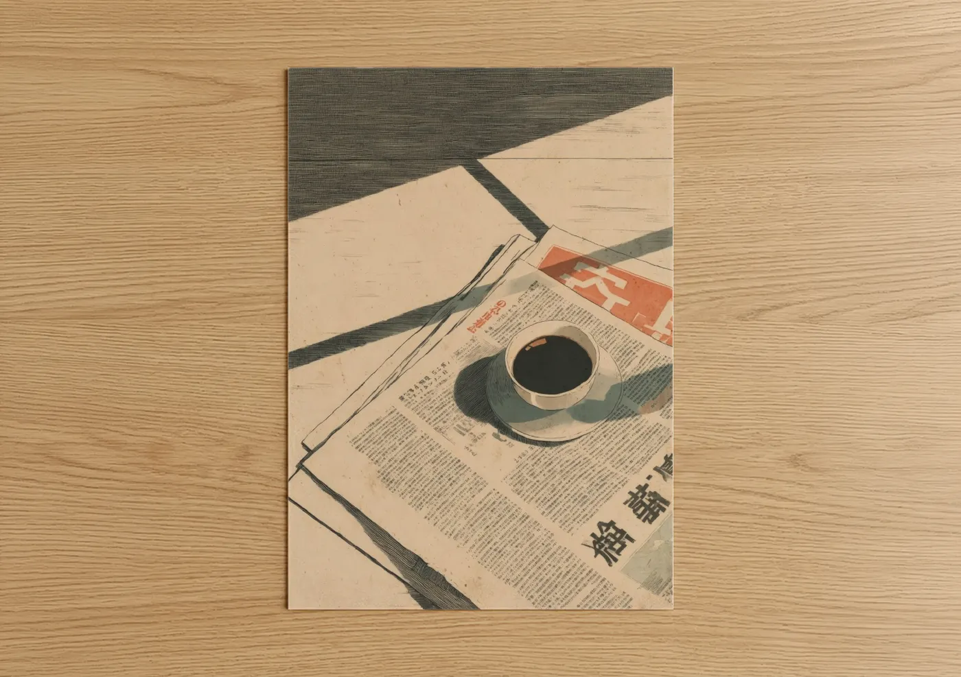 Art print on warm oak wood — beige and gray palette — Morning Coffee Break poster