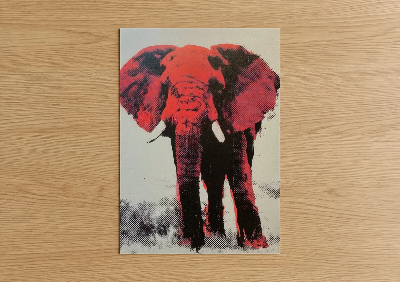 Savanna elephant art print on warm oak wood — red and black palette — Crimson Elephant Portrait poster