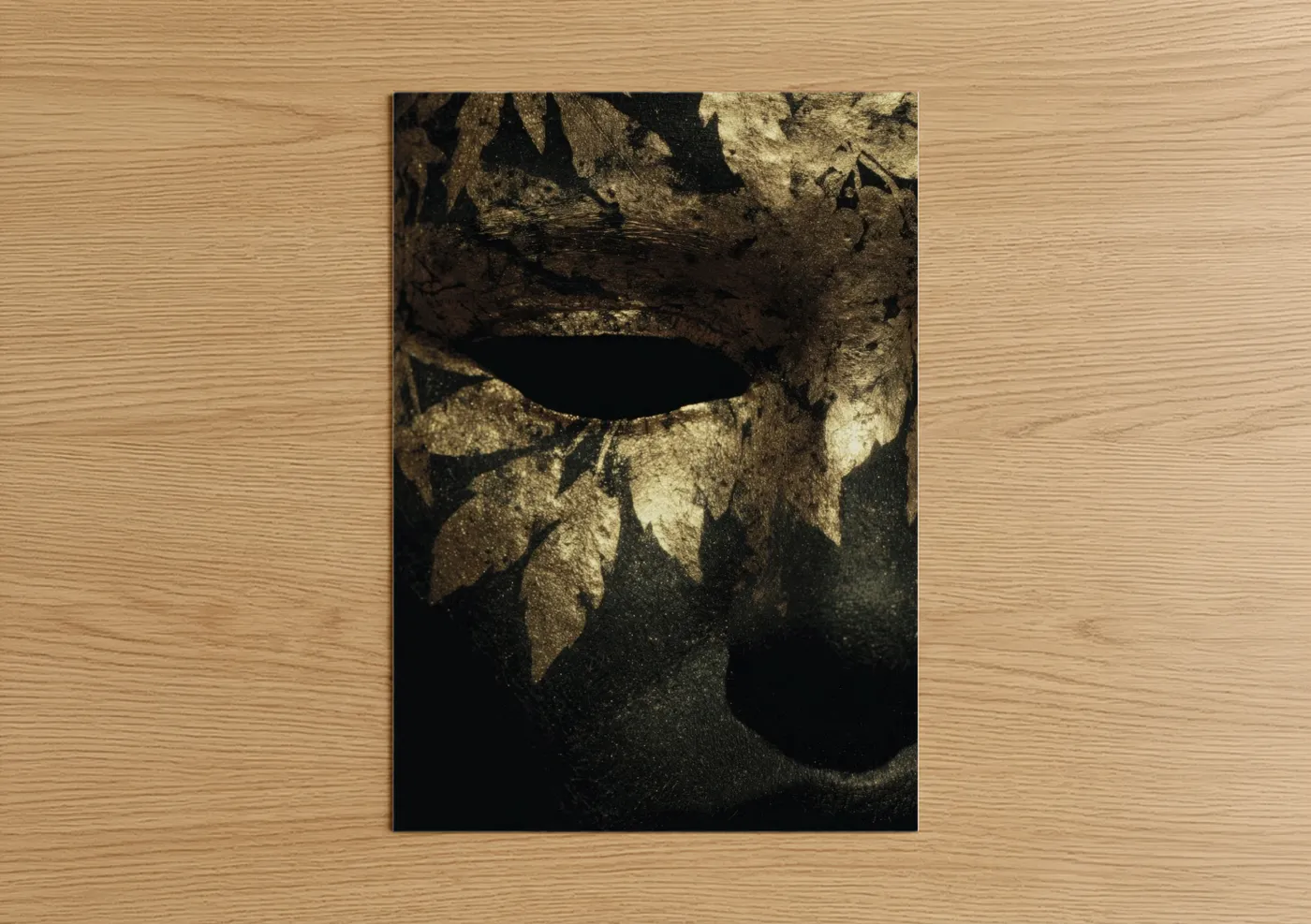 Body art art print on warm oak wood — gold and black palette — Golden Face Art poster