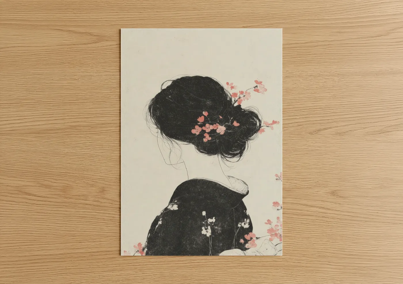 Black Hair with Pink Flowers Wall Art