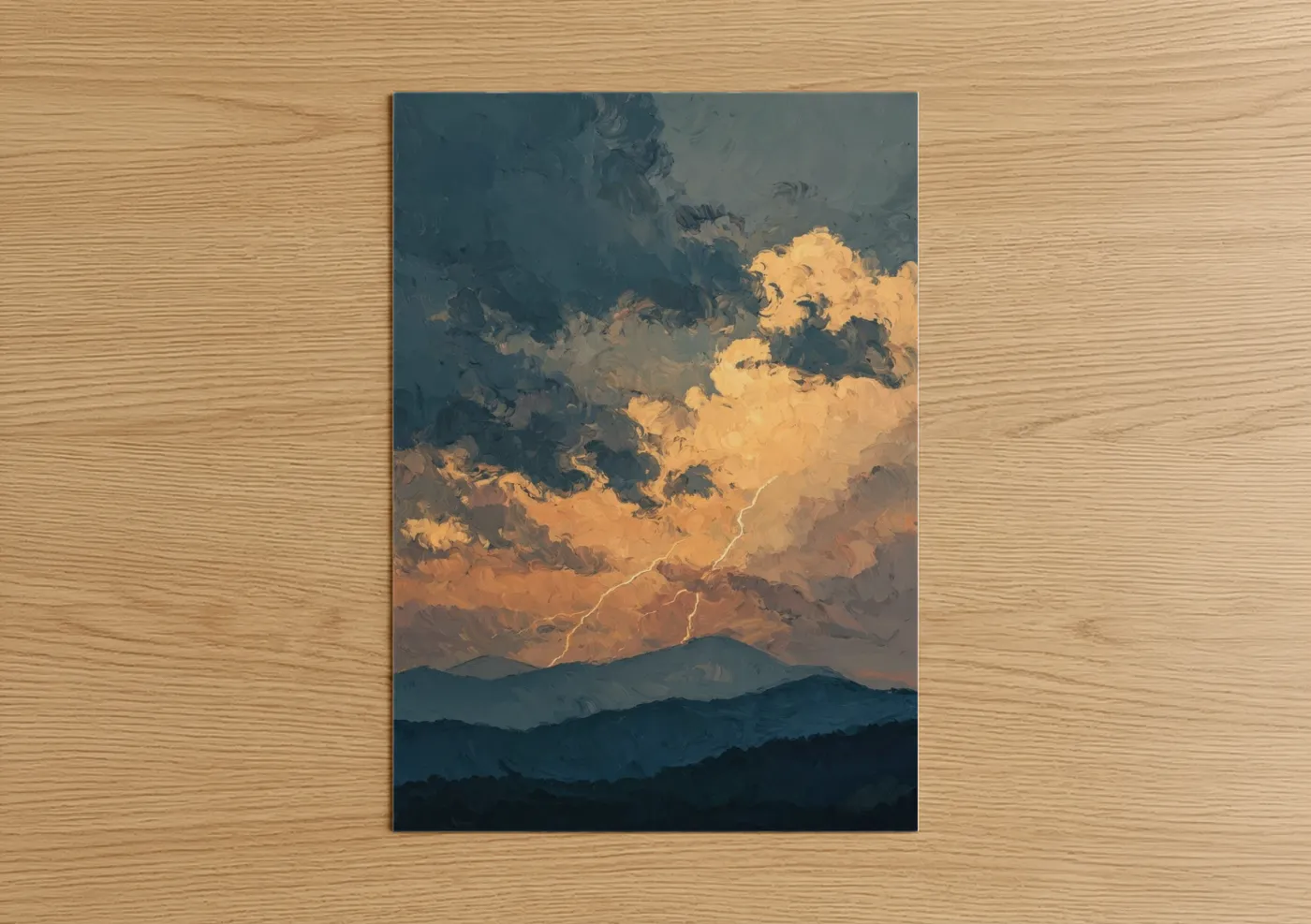 Blue ridge mountains art print on warm oak wood — blue and gold palette — Golden Storm Mountains poster